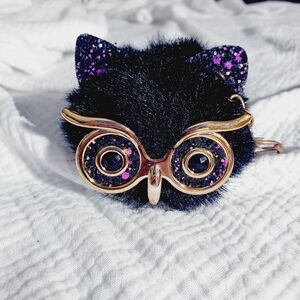 Black Gold Glasses Owl Keychain With Purple Sparkle Ears